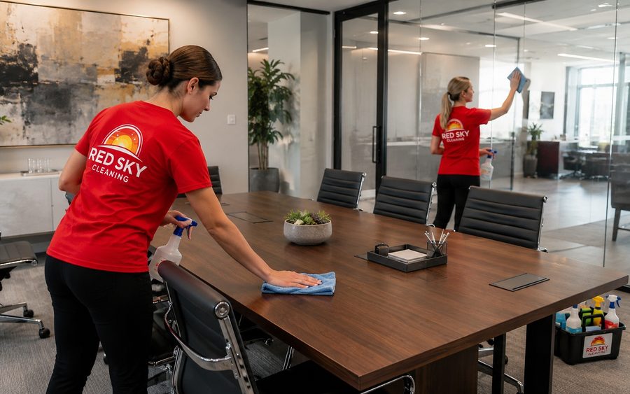 Conference room table and glass wiped down by Red Sky cleaners