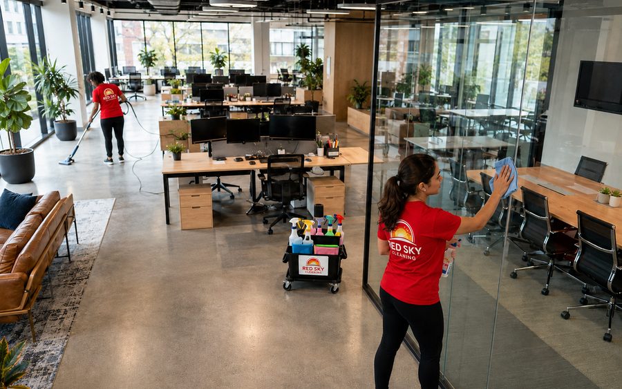 Red Sky crew cleaning an open-plan office and glass partitions