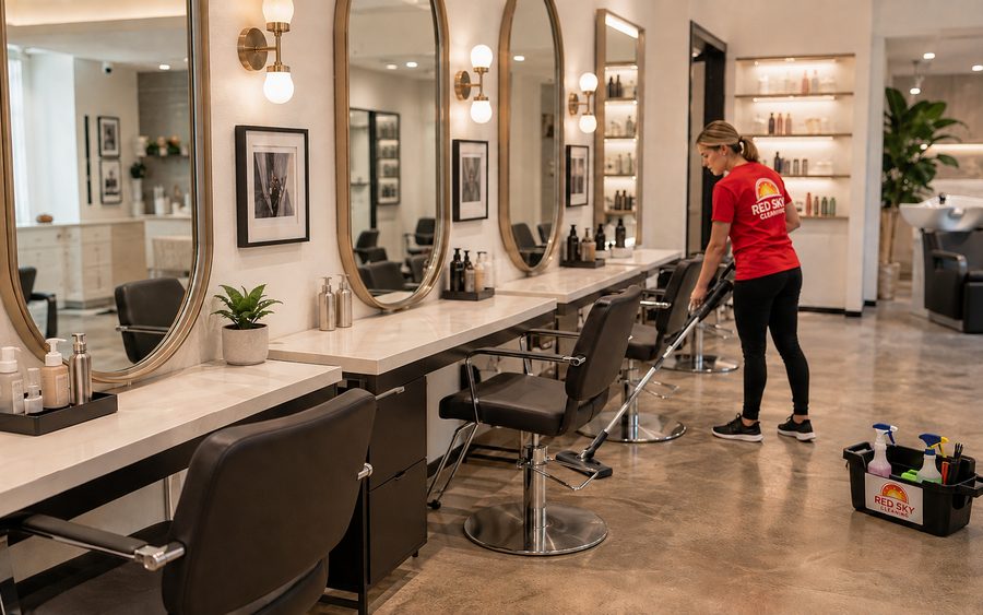 Retail salon floor being cleaned after hours