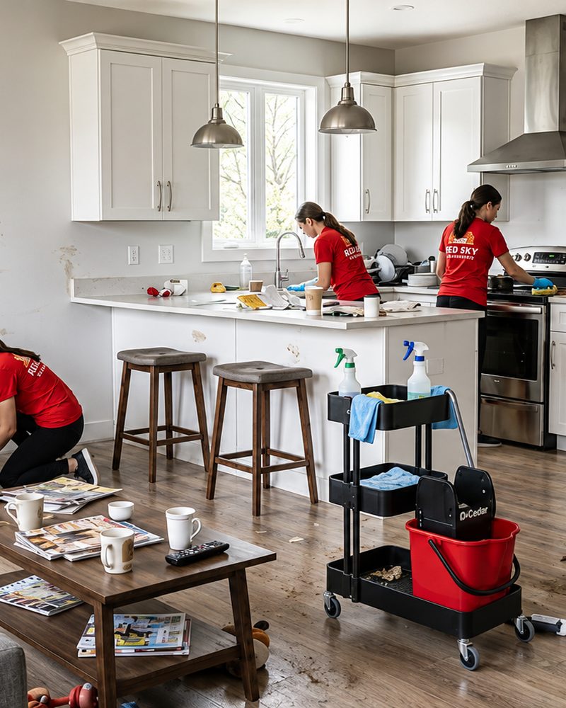 A crew deep cleaning a kitchen and living area.