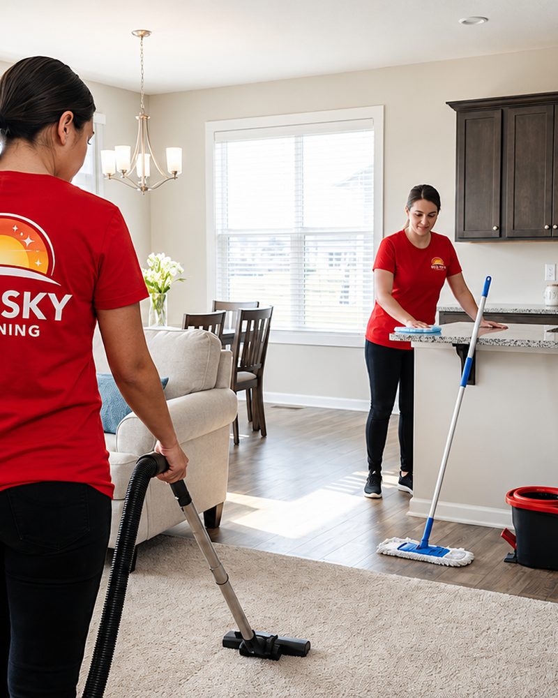 Cleaners preparing an empty home before move-in.