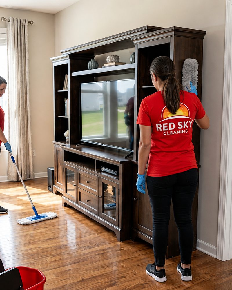 Cleaners working through a living room on a standard visit.