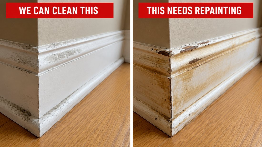 Side by side: a cleanable baseboard, and one yellowed past the point cleaning can fix.