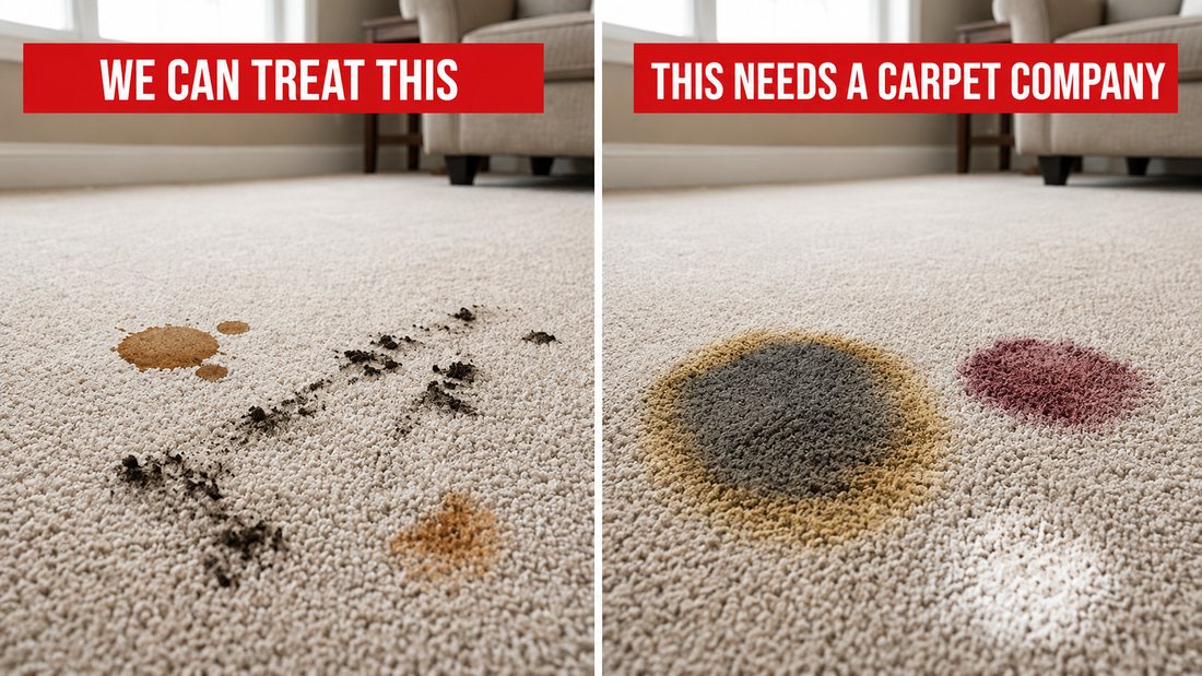 Side by side comparison: spills and spots we can treat, and set dye stains and bleach spots that need a carpet company
