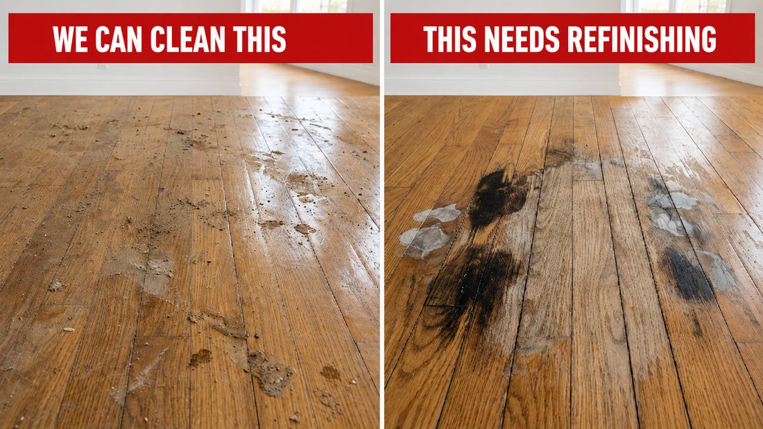 Side by side comparison: surface dirt and residue we can mop away, and blackened hardwood staining that needs refinishing