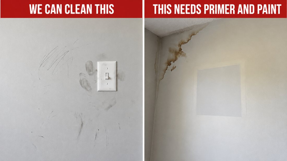 Side by side comparison: surface scuffs and fingerprints we can clean, and a water-stained wall that needs primer and paint