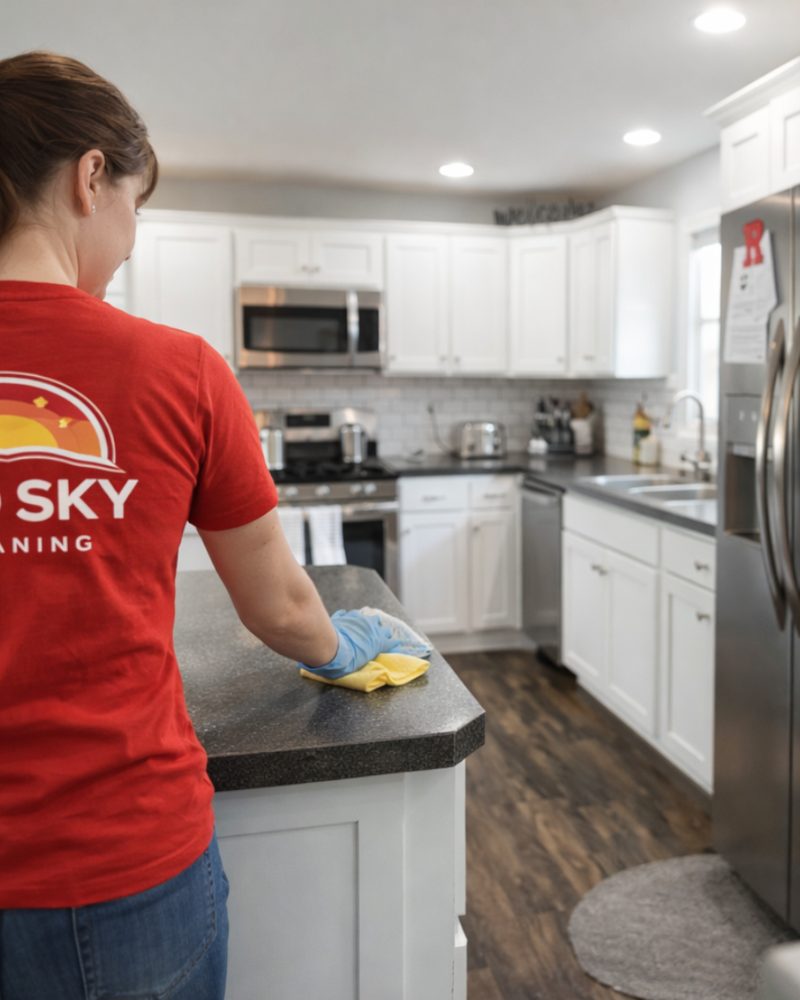Red Sky cleaner resetting a short-term rental kitchen between guests