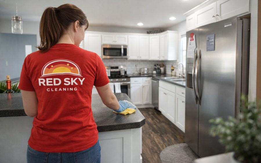 Red Sky cleaner resetting a short-term rental kitchen between guests