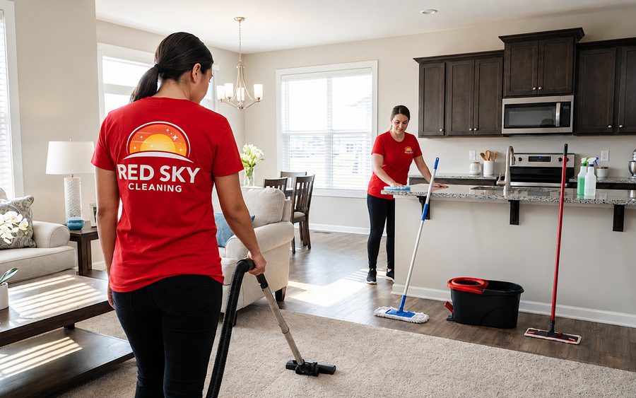 Red Sky cleaners vacuuming and mopping a home before move-in day