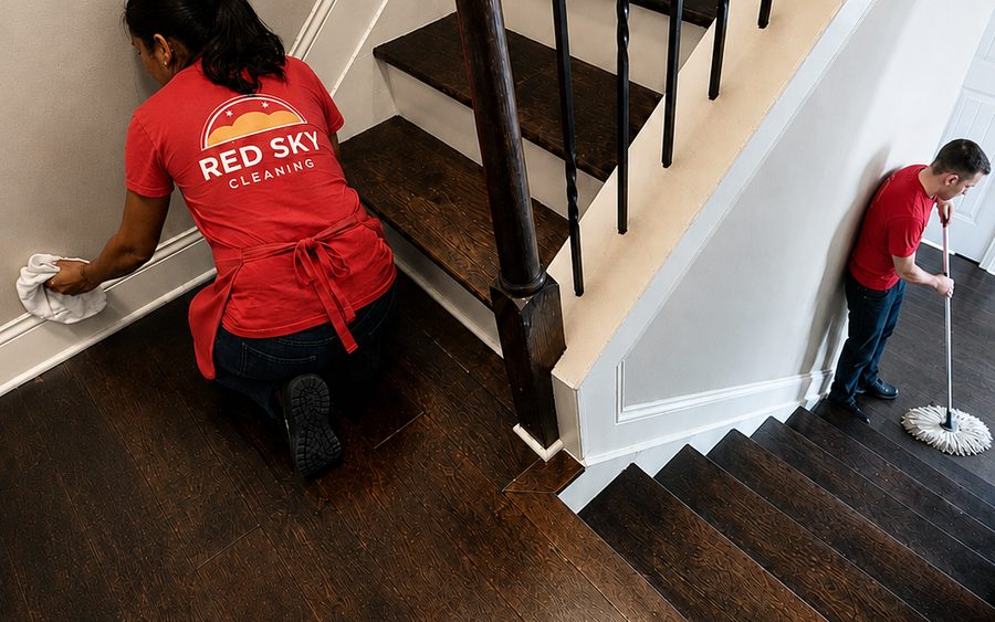 Red Sky cleaner hand-wiping baseboards and stairs on a move-out clean