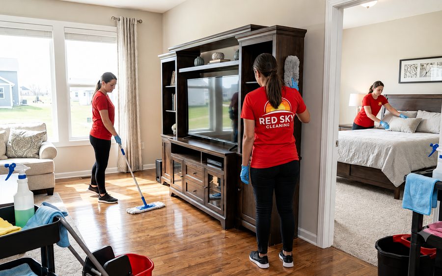 Red Sky cleaners dusting, mopping and making beds during a standard clean