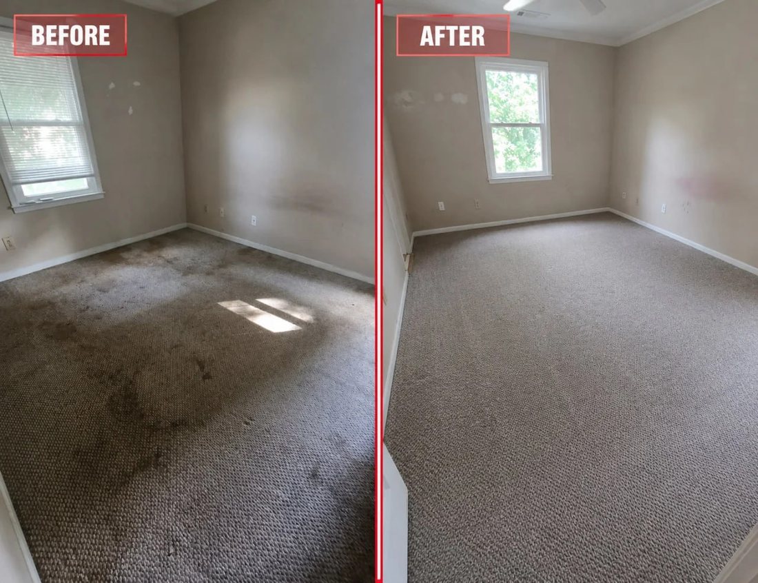 Before and after of a heavily soiled bedroom carpet treated and cleaned