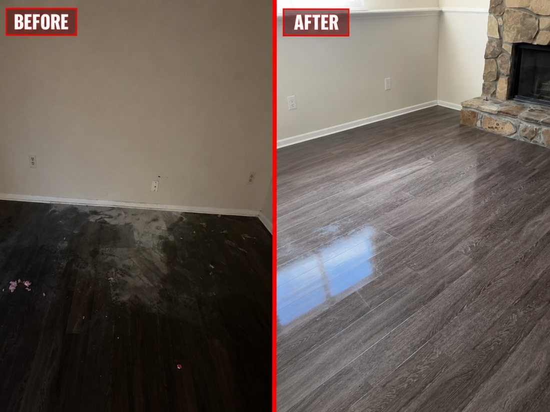 Before and after of a construction-dusted floor cleaned to a clear finish