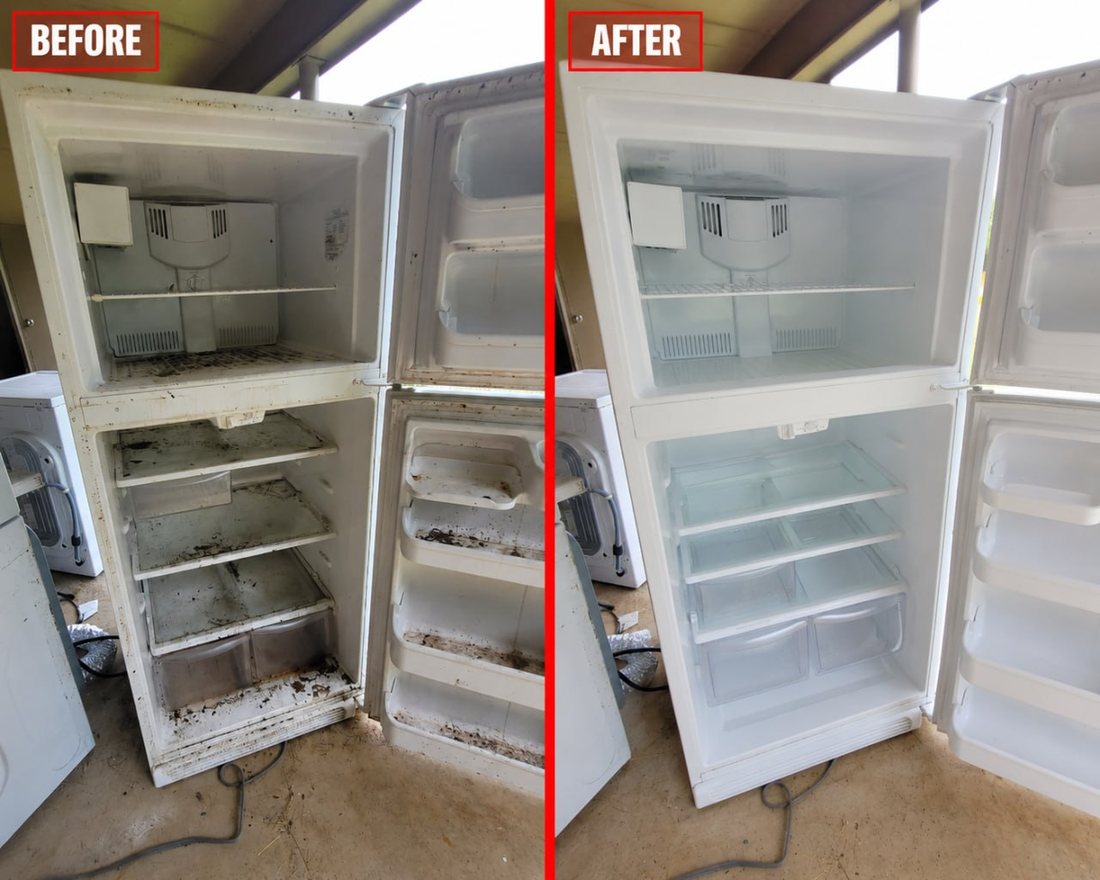 Before and after of a heavily soiled refrigerator interior cleaned to bare white